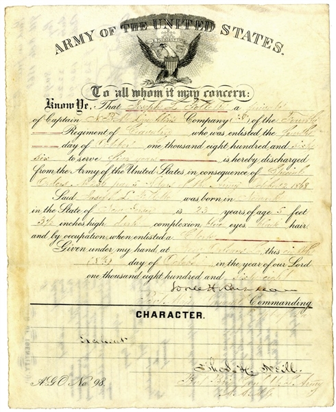 Indian Wars Discharge for Medal of Honor Receipient Signed by Two Civil War Generals