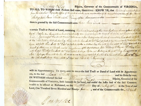 Land Grant Signed By Light Horse Harry Lee