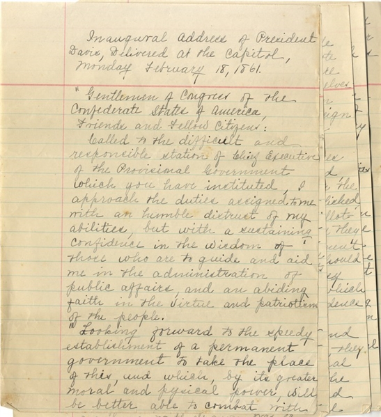 Complete Manuscript Copy of Jeff Davis' 1861 Inaugural Address