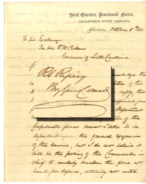 Confederate General R. S. Ripley Writes from Charleston, South Carolina on Rare Head Quarters Provisional Forces Stationery - October 5th, 1861