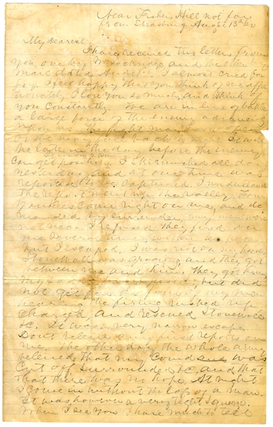 Mudwall Jackson Battlefield Letter To His Wife - Relates His Near Capture and That of Stonewall