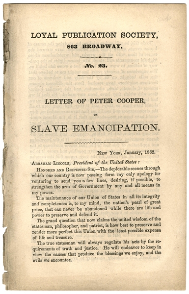 Peter Cooper’s Letter to Lincoln Regarding Emancipation