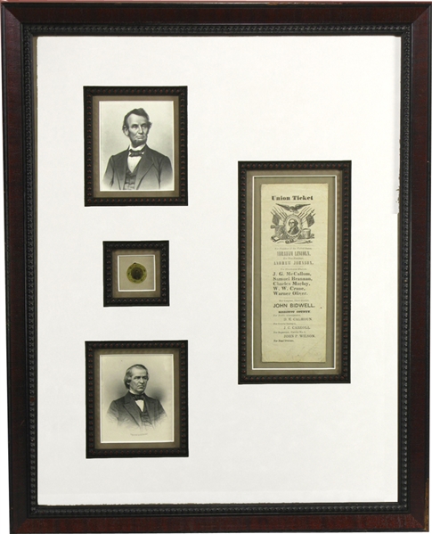 Framed Display! Rare 1864 Lincoln & Johnson Ferrotype and California Union Ticket