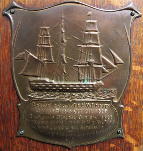 Commemorative plaque Made From Copper Sheathing and Oak Recovered from Horatio Nelson's Flagship, the H.M.S. Victory