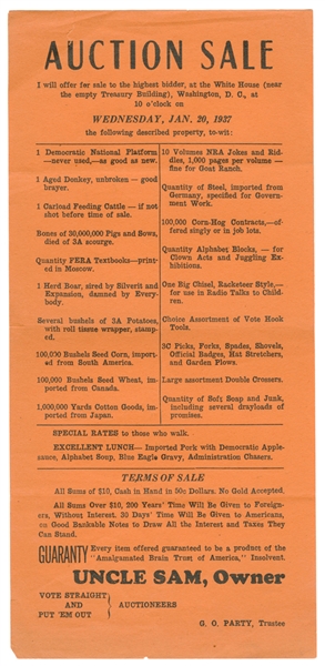 An Anti-FDR Broadside Offering a Government Auction of New Deal Tenets 