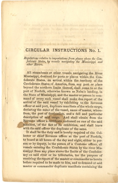 Rare Union Circular Steamboat Regulations Into The Territory of The Confederate States.