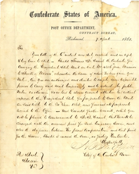 Rare Confederate Postal Department Contract Letter