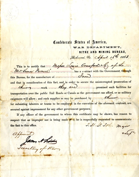 Secretary of War James A. Seddon Signs Off on Mt. Vernon Furnace's Iron Production Contract.