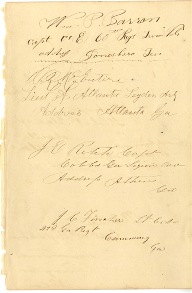 . CSA Johnson Island POW Autographs: Vicksburg POW, Cobbs Legion POW and 58th Alabama Missionary Ridge POWs
