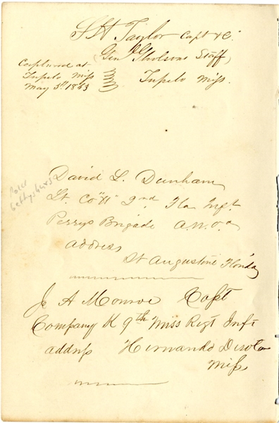 CSA Johnson Island POW Autographs: Pickett's Charge 2nd Florida POW; Missouri Infantryman Sentenced For War and General Samuel Gholson Staff Officer