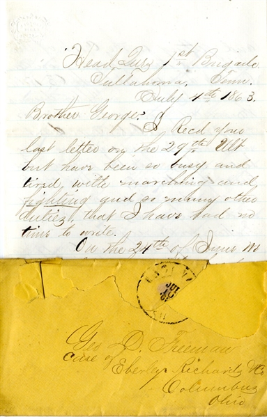 Rare Tullahoma Campaign Battle Letter: Battle of Liberty Gap, Tennessee