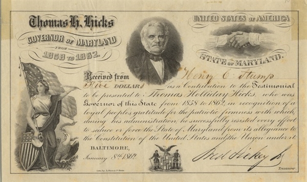 Rare Maryland Governor Hicks Memorial Certificate
