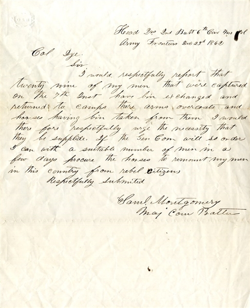 6th Missouri Cavalry POW Letter Endorsed By General Francis J. Herron