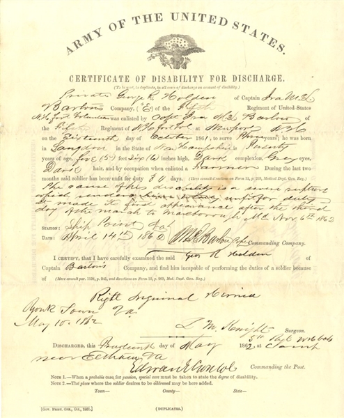 Scarce “Certificate of Disability For Discharge” Signed By E.E. Cross Who Was Killed At Gettysburg