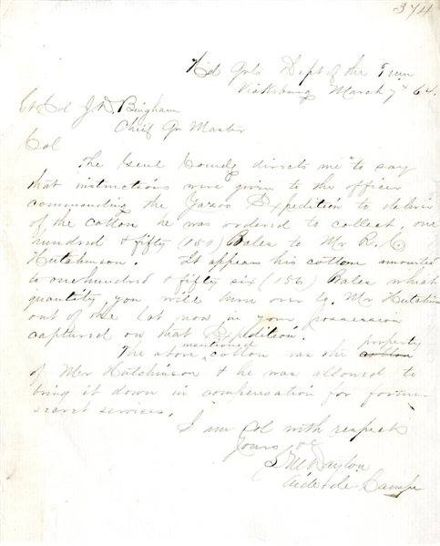 Secret Agent Hutchinson Gets His Cotton Returned To Him By William T. Sherman's Orders