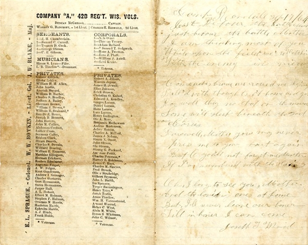 Printed 42nd Wisconsin Letter Sheet With Manuscript Just Before The Battle Mother Poem
