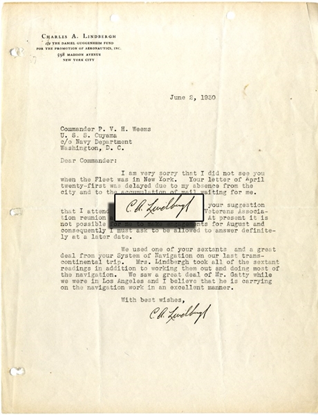 Lindbergh Writes A Commander Regarding Navigational Sextant