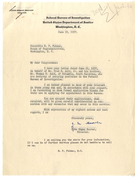 J. Edgar Hoover Discusses FBI Appointments with Congressman Fulmer of South Carolina