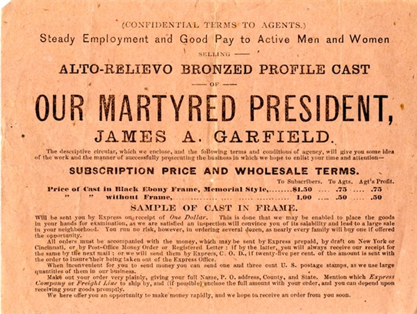 James A. Garfield Death Memorial Bronze Profile Casting Advertisement.  
