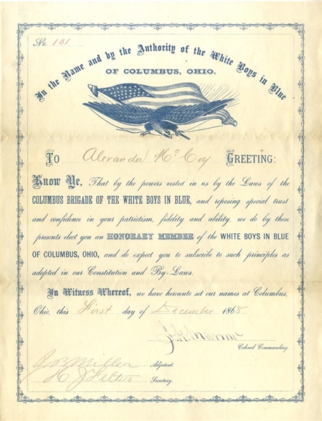 Anti-Grant Presidential Campaign Columbus Brigade White Boys In Blue Membership Certificate.