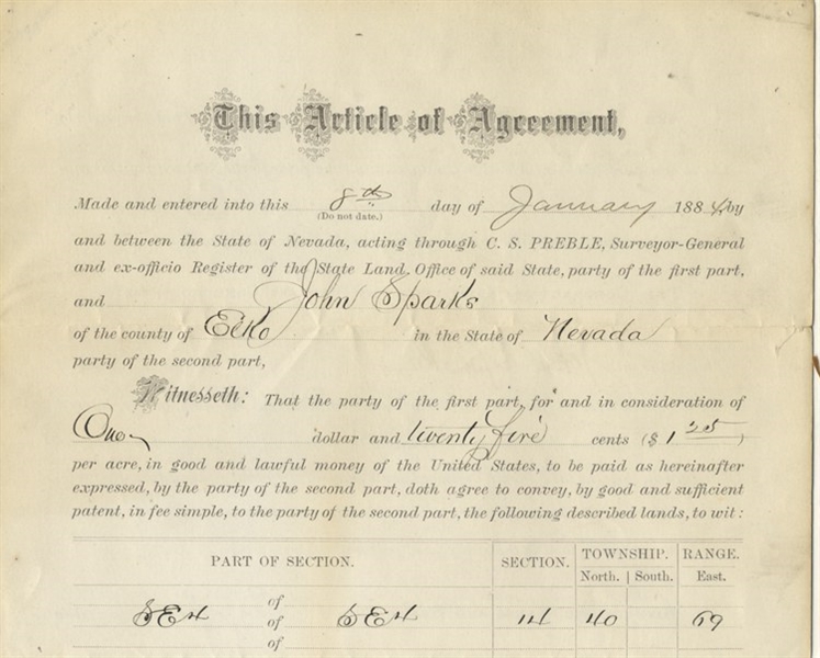 Nevada Document Signed by Future Governor John Sparks