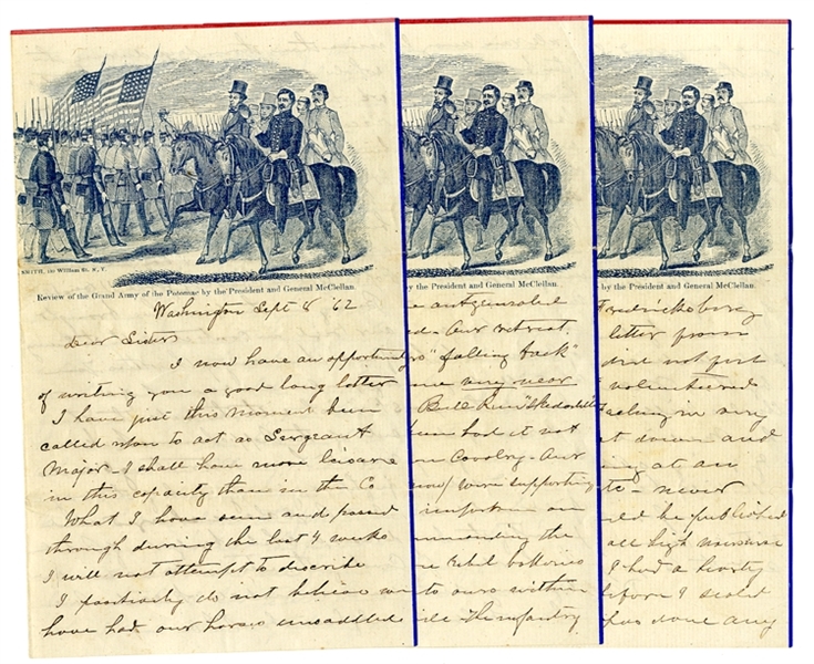 Great Kilpatrick Cavalry Action Written on Amazing Letterhead Of Lincoln and McClellan Reviewing the Troops