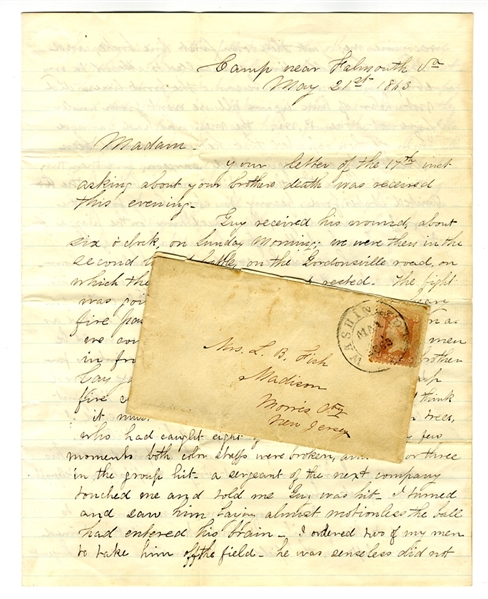 Major Philip J. Kearny (Cousin of Gen. Kearny) Writes to a Grieving Sister Giving Details of Her Brothers Death in Battle