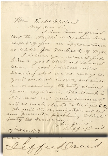 Secretary of War Jefferson Davis Writes A Reccomendation