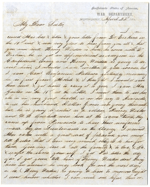 Early Confederate Letter From the First Capitol, Montgomery Alabama