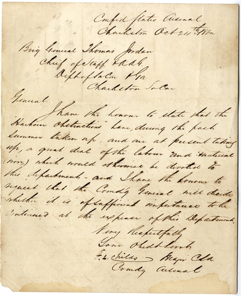 The Commander of the Arsenal, Major F. Childs Writes to General Thomas Jordan Regarding the Harbor Obstructions in Charleston Harbor