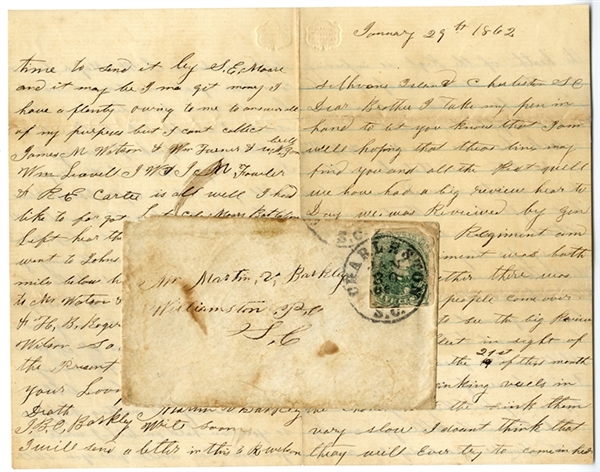 18th S.C. Infantry Letter from Sullivan's Island with Envelope & Nice 5 Cent CSA 1 Green Jeff Davis Stamp & Perfect Charleston Cancellation 
