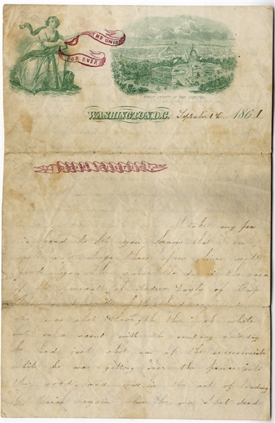1st New Jersey Soldier’s Letter on Scarce Patriotic Stationery – Early Action Around Alexandria, Va. – Writer would be killed 9 months later at Gaines’ Mill 
