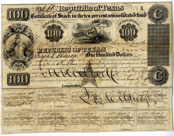 Republic of Texas Certificate of Stock Dated June 15th, 1840