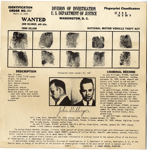 Dillinger FBI Card