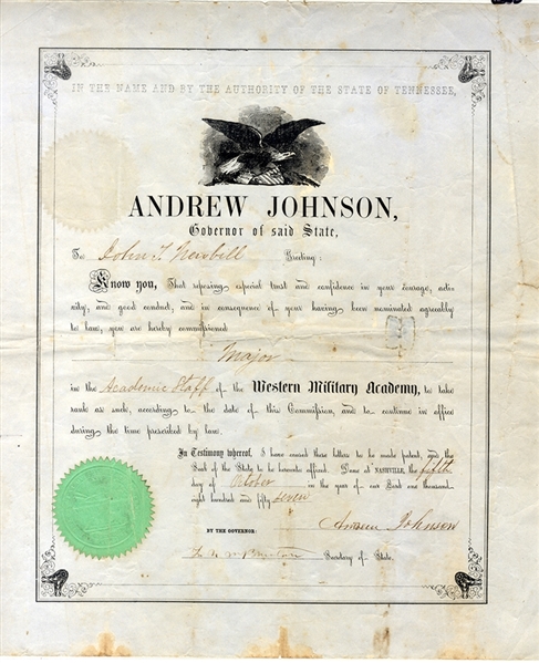 Scarce Andrew Johnson Governor Military Academy Appointment