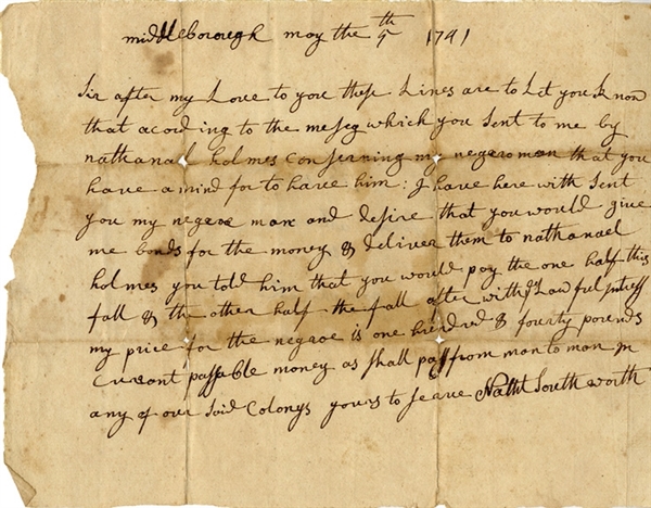 1741 Colonial Connecticut Slave Sale Demand Letter: My Price For The Negro Is One Hundred & Forty Pounds Currant Passable Money As Shall Pass From Man To Men In Any Of Our Said Colonys.