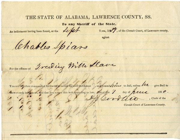 Alabama Arrest Warrant For Trading With Slave.  