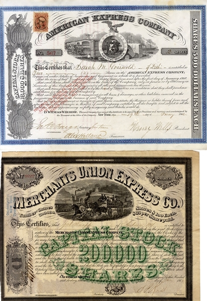 Henry Wells Signed American Express Stock and a Merchants Union Express Certificate Issued to J.N. Knapp