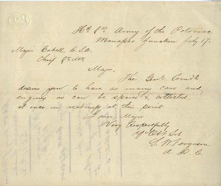 Instructions from General Beauregard to Have Rail Road Cars at the First Battle of Manassas