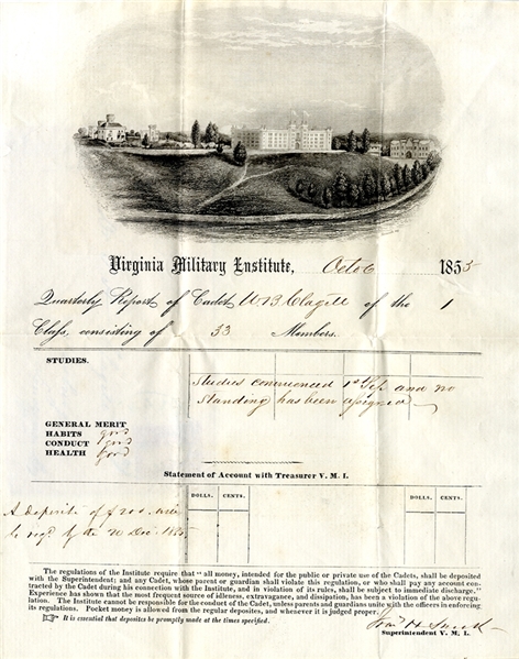 1855 Virginia Military Institute Confederate's Report Card Signed By Major General Francis Henney Smith