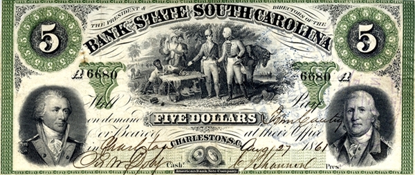 1861 South Carolina Five Dollar Bill. 