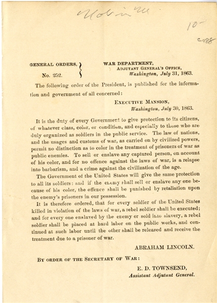 Lincoln Issues A Retallitory General Order To Protect Black Soldiers