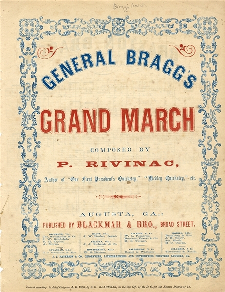 Scarce Music Sheet Dedicated to a Confederat General