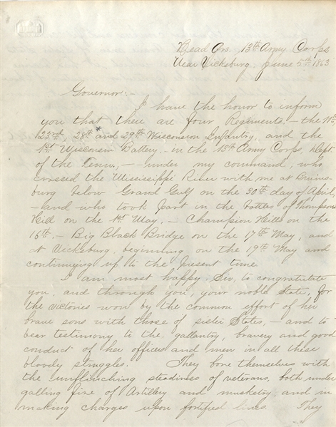 General McClernand Writes the Governor of Wisconsin on the Conduct of his Men in the Battles Leading to Vicksburg