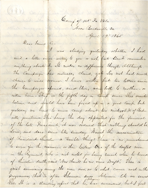 148th Pennsylvania Soldier Writes of the Assassination of Lincoln and the Surrender of Lee
