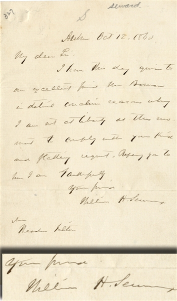 Willilam Henry Seward Autograph Letter Signed a Month Before the 1860 Election