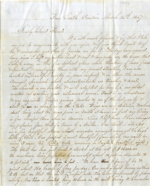1847 Letter from South America to Massachusetts - Discusses Cotton Sales in 1844 Mississippi - “Spaniards whose characteristics are treachery”