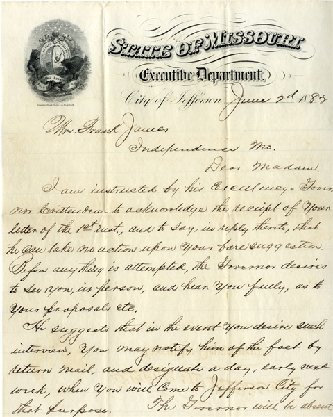 An Important 1882 Letter from Gov. Crittenden's Office to Anna James Regarding Frank James’ Possible Surrender.