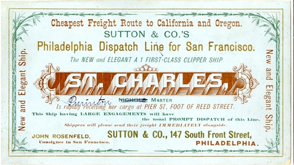 Clipper ship Card - St. Charles, Sutton & Company, Philadelphia.  