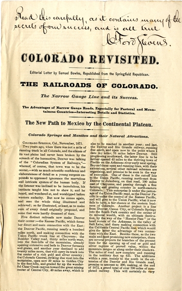 Advertising Circular: Colorado Railroad Revisited ca. 1871